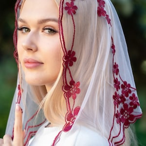 Floral burgundy chapel veil, Church mantilla, Catholic head covering veil image 1