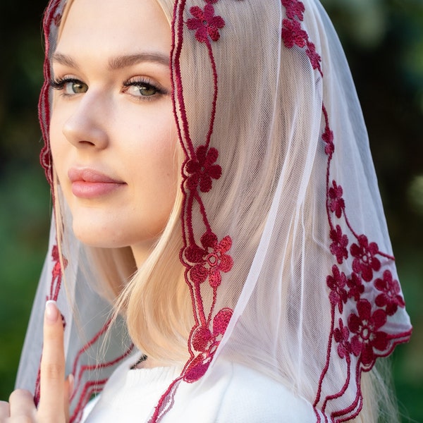 Floral burgundy chapel veil, Church mantilla, Catholic head covering veil