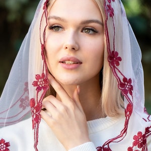 Floral burgundy chapel veil, Church mantilla, Catholic head covering veil image 2
