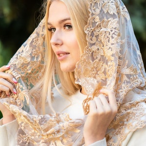 Gold Infinity head covering veil, Lace chapel veil with floral design, classic lace chapel veil