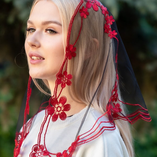 Floral chapel veil with lace edge, red church mantilla, Catholic head covering veil 011