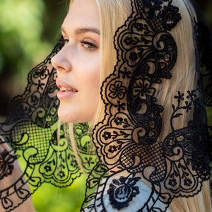 NEW! Black chapel veil with floral, black Lace scarf, black church veil, Catholic veil 017
