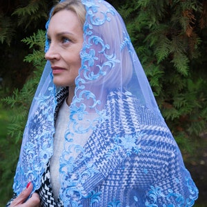 Long lace mantilla in blue color, Chapel veil with lace veil, Long Mantilla for Church, Our Lady of Guadalupe veil