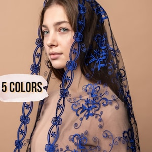 5 colors! Black chapel veil with floral, black Lace scarf, black church veil, Catholic veil