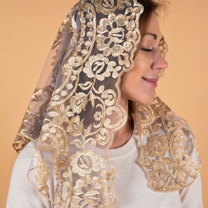 Gold Chapel Veil, Classic Catholic veil mantilla, short  veil for church