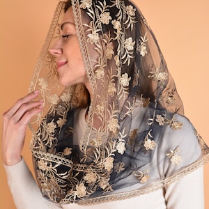 Infinity gold veil, Latin Mass veil, Infinity mantilla with flowers