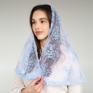 Blue chapel veil, Lace Chapel Veil Mantilla, light blue church veil