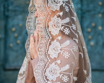 BESTSELLER veil| Long lace mantilla in gold color, Chapel veil with lace veil, Long Mantilla for Church, Our Lady of Guadalupe veil