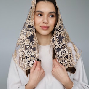 Gold Traditional Catholic Veil, ivory Lace scarf, church veil