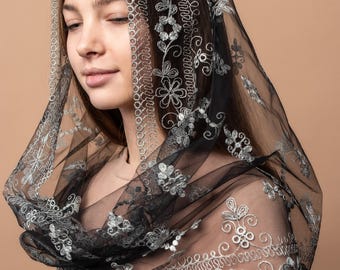 Infinity grey chapel  veil with floral embroidery, Church lace head covering veil, Catholic lace mantilla 009