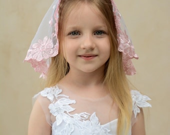 Traditional Catholic Veil, Pink Child  Church Veil, Gold short Lace veil