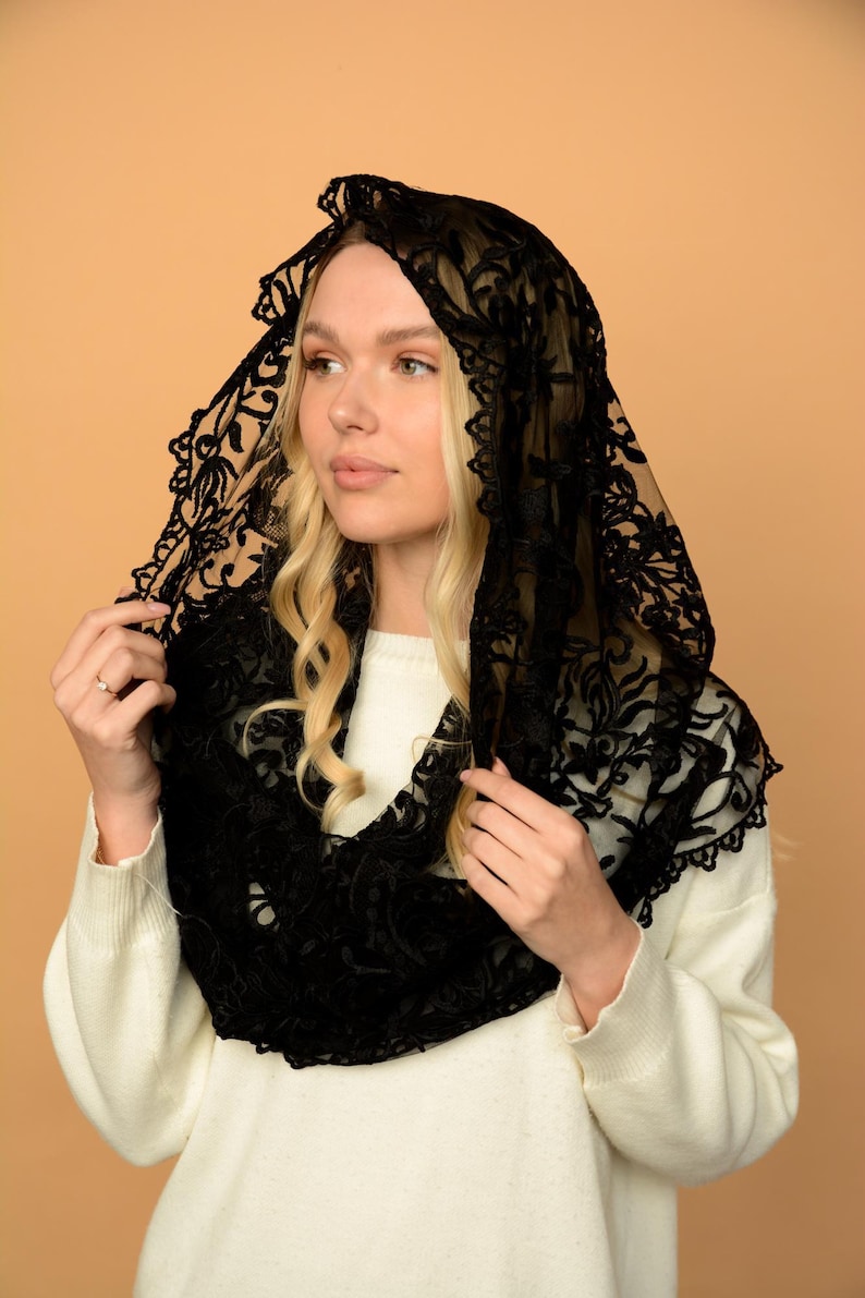 Black lace mantilla, church veil cap, lace head covering veil, Trinity Veil , Catholic Veil ,Church Veil ,Mass Veil image 5