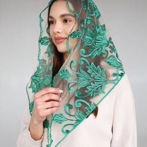 Triangle Chapel Veil, Church lace green veil, Catholic lace mantilla