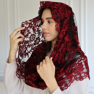 Burgundy Lace Chapel Veil, Catholic Mass Mantilla, Spanish Style Head Covering, Church Veil, Elegant Lace Headscarf image 2