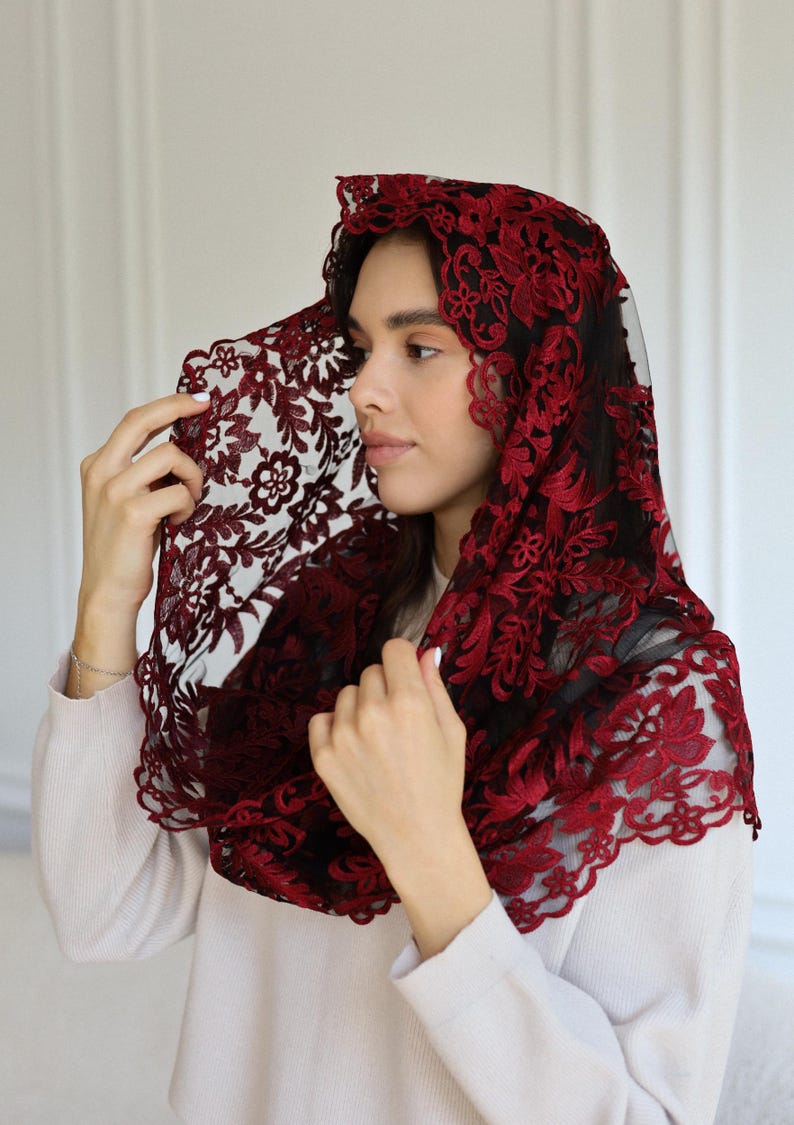 Burgundy Lace Chapel Veil, Catholic Mass Mantilla, Spanish Style Head Covering, Church Veil, Elegant Lace Headscarf image 2