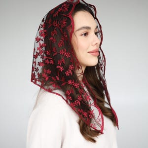 Triangle Chapel Veil, Burgundy latin Mass veil, Lace Chapel Veil Mantilla