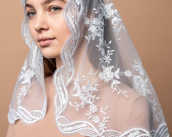 White Catholic Veil, church Lace scarf, White short veil