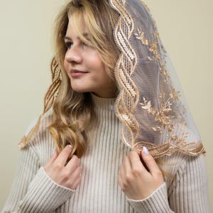 Gold chapel veil, tender lace chapel veil,  catholic chapel veil gold,  chapel length veil soft edge