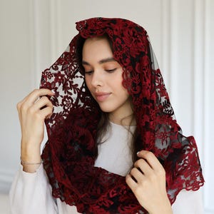 Burgundy Lace Chapel Veil, Catholic Mass Mantilla, Spanish Style Head Covering, Church Veil, Elegant Lace Headscarf image 3