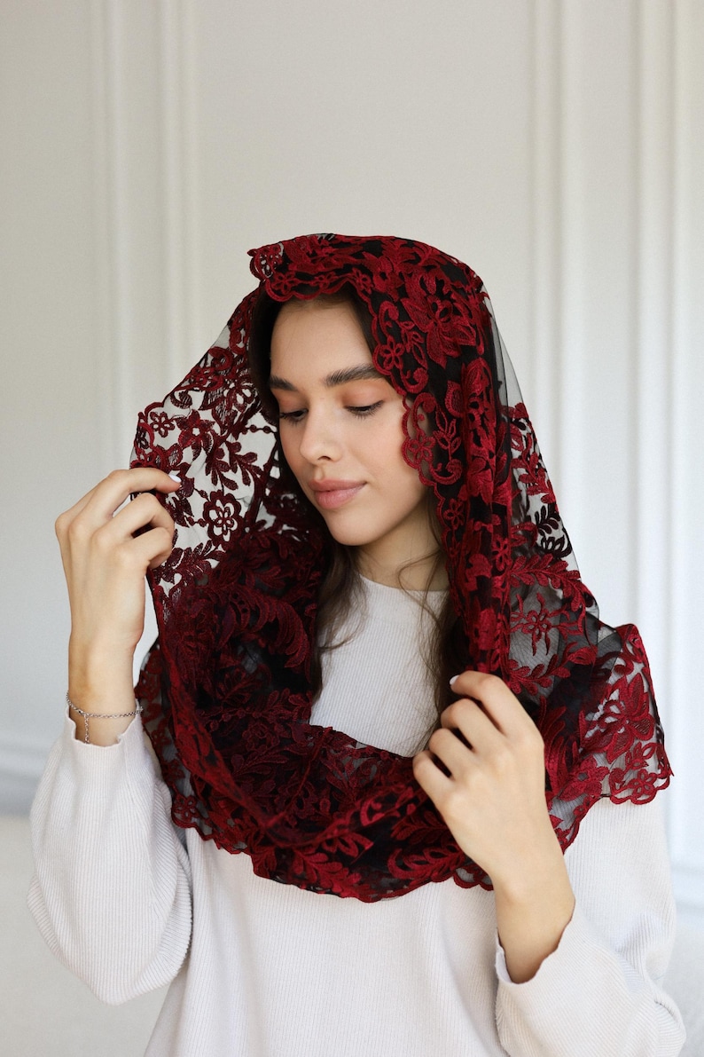 Burgundy Lace Chapel Veil, Catholic Mass Mantilla, Spanish Style Head Covering, Church Veil, Elegant Lace Headscarf image 3
