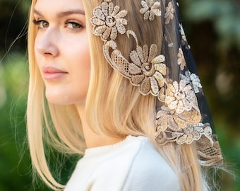 Gold Short Veil , Catholic head covering veil for church, Catholic lace mantilla