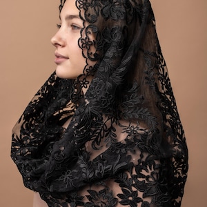 Black lace mantilla, church veil cap, lace head covering veil, Trinity Veil , Catholic Veil ,Church Veil ,Mass Veil image 2