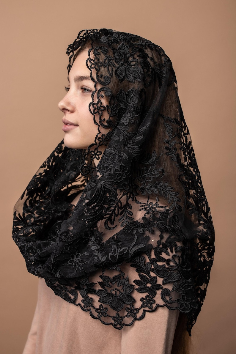 Black lace mantilla, church veil cap, lace head covering veil, Trinity Veil , Catholic Veil ,Church Veil ,Mass Veil image 2