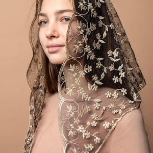 Gold Triangle Lace Veil, Lace black Chapel Veil, latin Mass veil