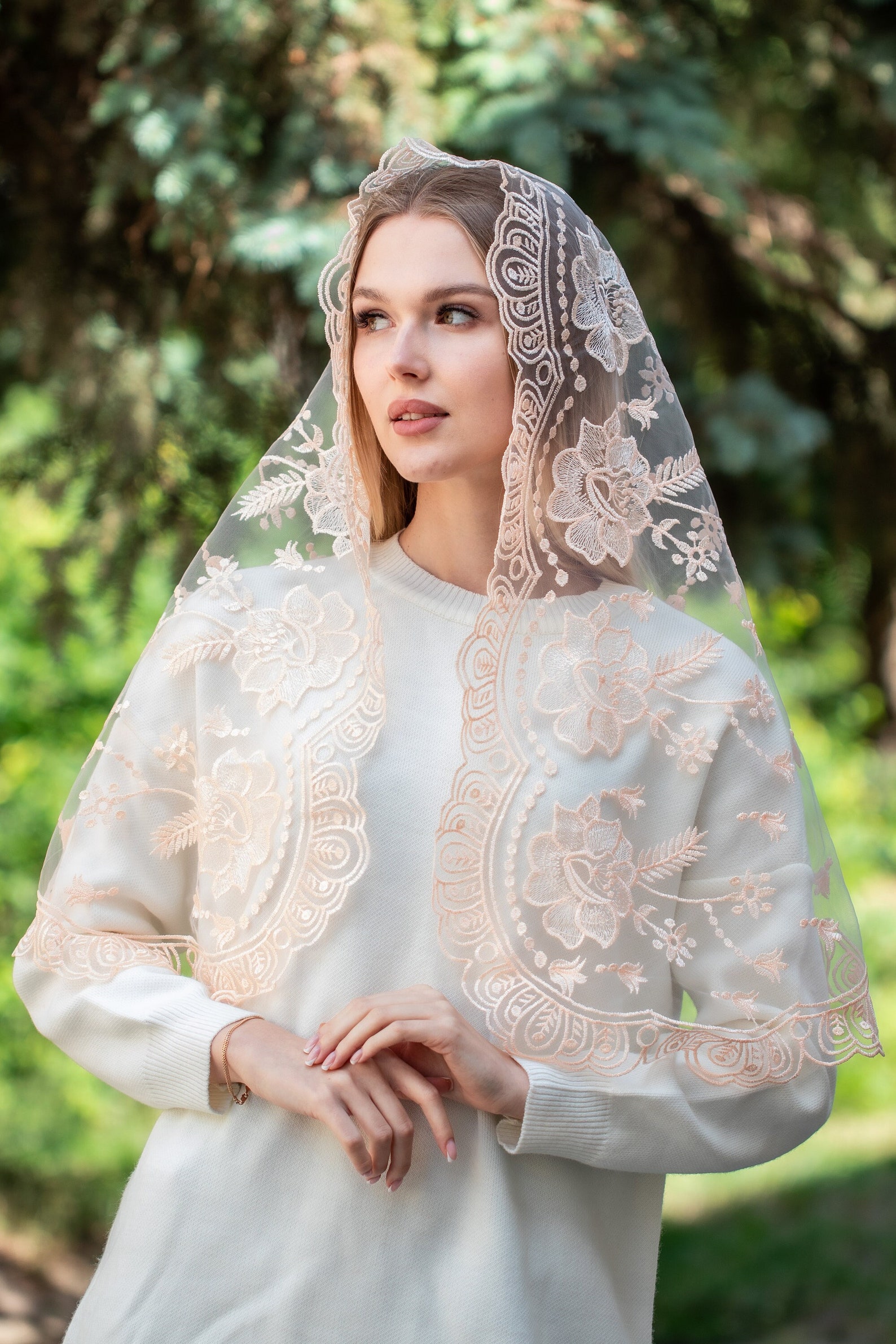 Peach Long Chapel Veil, Our Lady of Guadalupe Veil, Catholic Mantilla ...