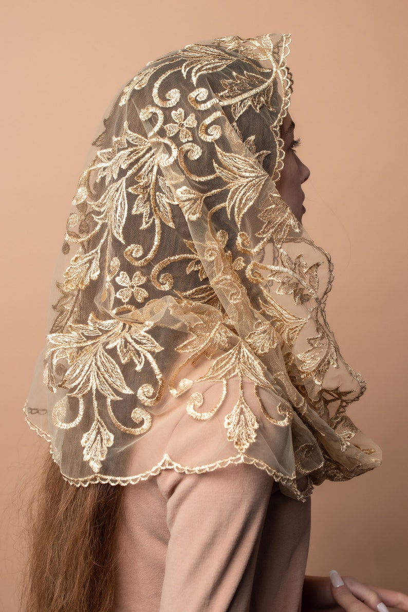 Infinity Gold Mass veil, Infinity veil Mantilla, Faith Head Coverings Holy, Chapel Veils image 5