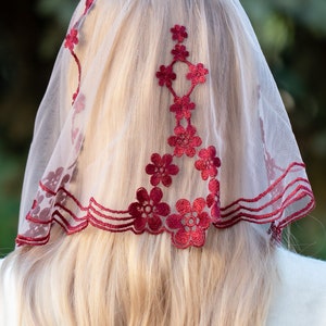 Floral burgundy chapel veil, Church mantilla, Catholic head covering veil image 7