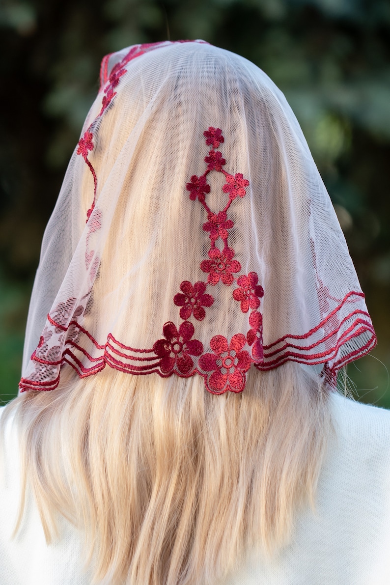 Floral burgundy chapel veil, Church mantilla, Catholic head covering veil image 7