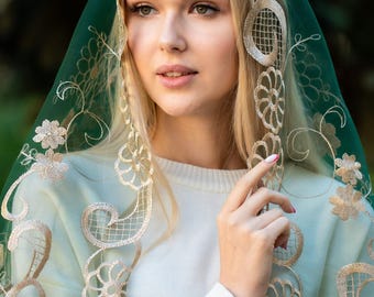 Gold chapel mantilla, chapel veil Catholic, Our lady of Lourdes veil, Mantilla Catholic Veil Church Veil Mass Veil for Mass 013