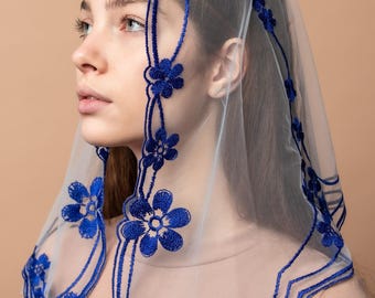 Blue veil with floral embroidery, Church lace head covering veil, Catholic lace mantilla