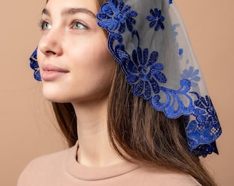 Blue Veil for church, Catholic head covering veil for church, Catholic lace mantilla