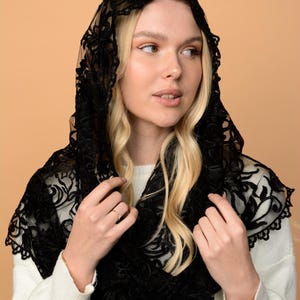 Black lace mantilla, church veil cap, lace head covering veil, Trinity Veil , Catholic Veil ,Church Veil ,Mass Veil image 2