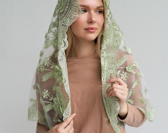 Green Lace Chapel Veil, Embroidered Floral Mantilla, Soft Tulle Head Covering, Prayer Veil for Church or Wedding