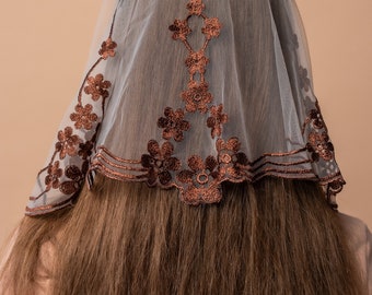 Chapel Brown Veil With Floral Embroidery, Church Lace Head