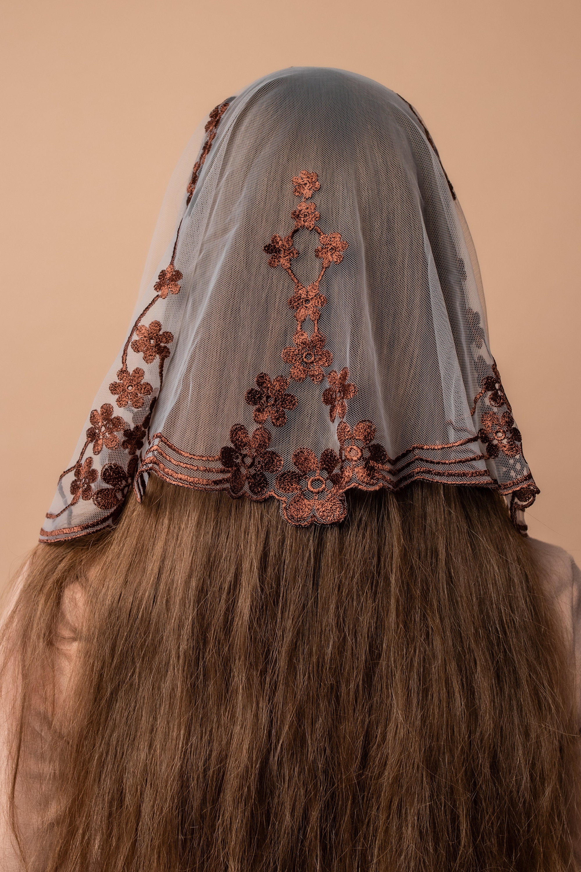 【ソラ】NOTREemor tulle veil tops brown Chapel Brown Veil With Floral Embroidery, Church Lace Head