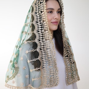 Faith Head Coverings Holy, Chapel Veils, Green Mass veil, Infinity veil Mantilla