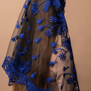 Our Lady of Guadalupe veil, Catholic chapel veil, long black chapel mantilla, Classic Catholic veil with floral lace image 9