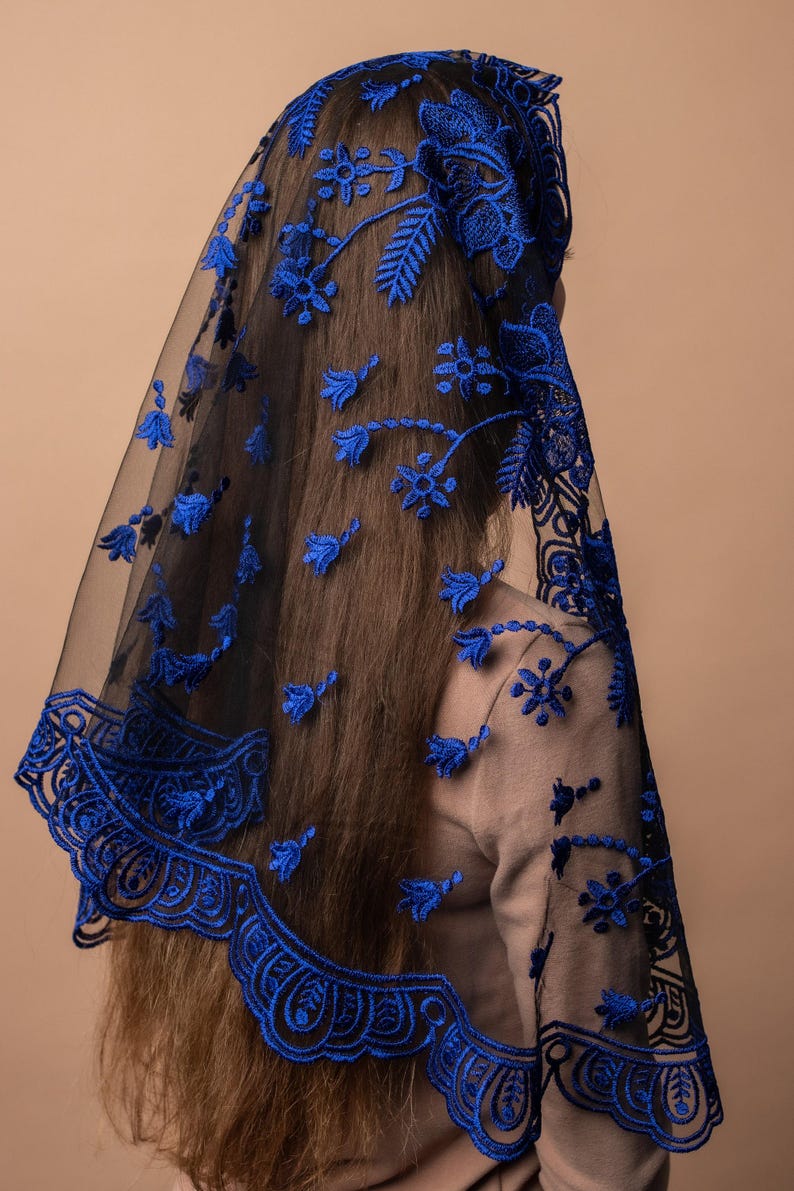 Our Lady of Guadalupe veil, Catholic chapel veil, long black chapel mantilla, Classic Catholic veil with floral lace image 9