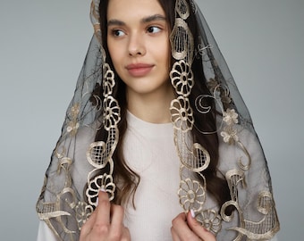 Gold chapel mantilla, chapel veil Catholic, Our lady of Lourdes veil, Mantilla Catholic Veil Church Veil Mass Veil for Mass