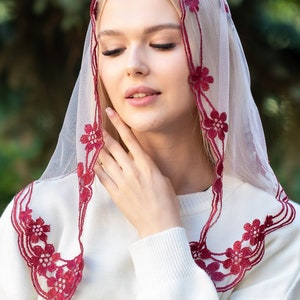 Floral burgundy chapel veil, Church mantilla, Catholic head covering veil image 6