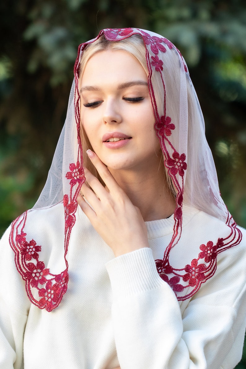 Floral burgundy chapel veil, Church mantilla, Catholic head covering veil image 6