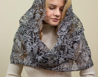 BESTSELLER veil| Infinity grey chapel veil, Catholic head covering veil for church, Catholic lace mantilla 089
