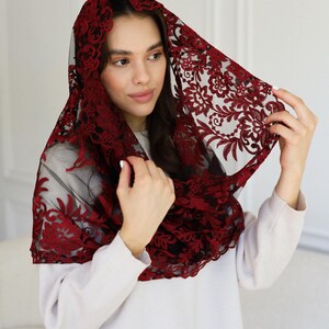 Burgundy Lace Chapel Veil, Catholic Mass Mantilla, Spanish Style Head Covering, Church Veil, Elegant Lace Headscarf image 9