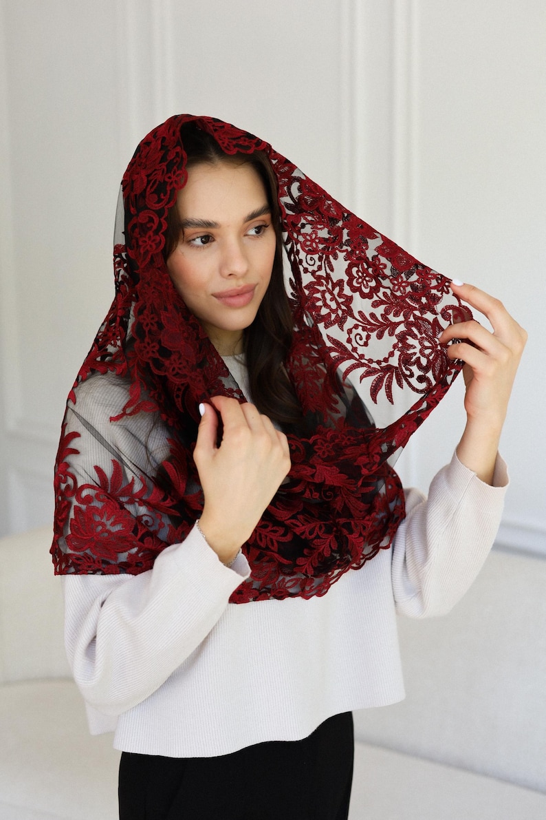 Burgundy Lace Chapel Veil, Catholic Mass Mantilla, Spanish Style Head Covering, Church Veil, Elegant Lace Headscarf image 9