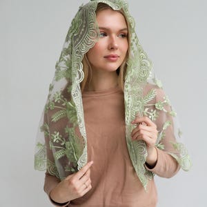 Green Lace Chapel Veil, Embroidered Floral Mantilla, Soft Tulle Head Covering, Prayer Veil for Church or Wedding