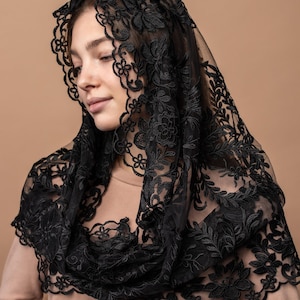 Black lace mantilla, church veil cap, lace head covering veil, Trinity Veil , Catholic Veil ,Church Veil ,Mass Veil image 8